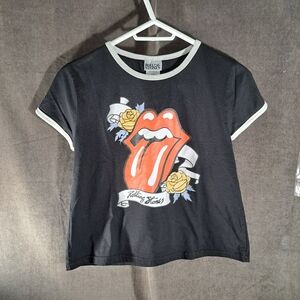 The Rolling Stones Black with White Trim Graphic Band Cropped Tee VG L